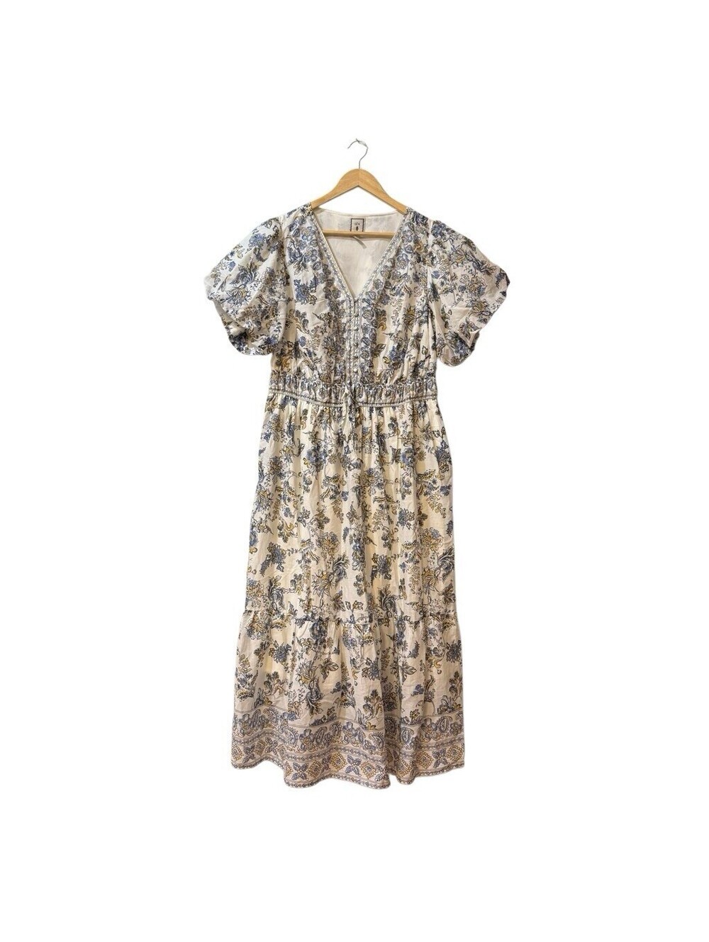 Anthro LEAFloral Midi Dress Size 1X in a Blue and Cream Color